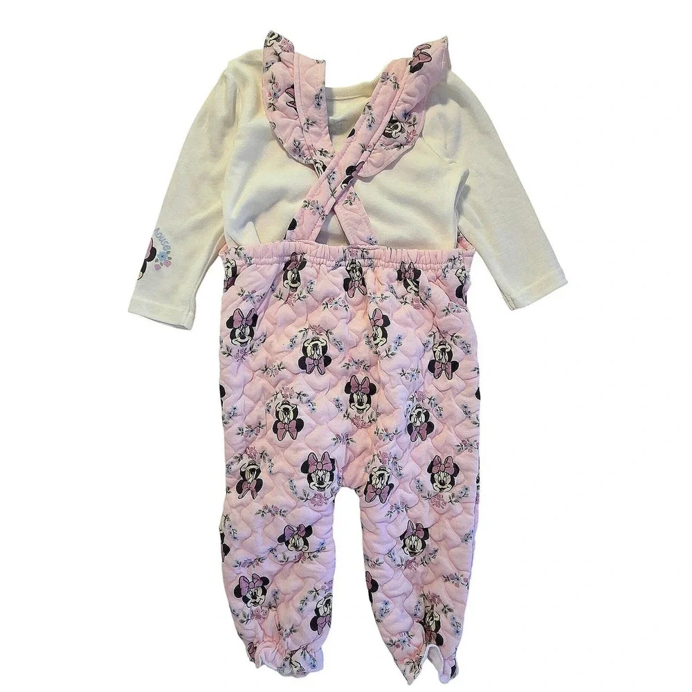 Disney Baby Minnie MouseOutfit Set‎ Pink Quilted Overalls Cotton Shirt 12M